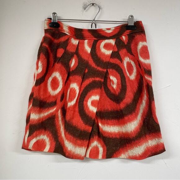 Tory Burch X Bergdorf Goodman Orange & Brown Linen Pleated Mini Skirt Womens 4 - Picture 1 of 8